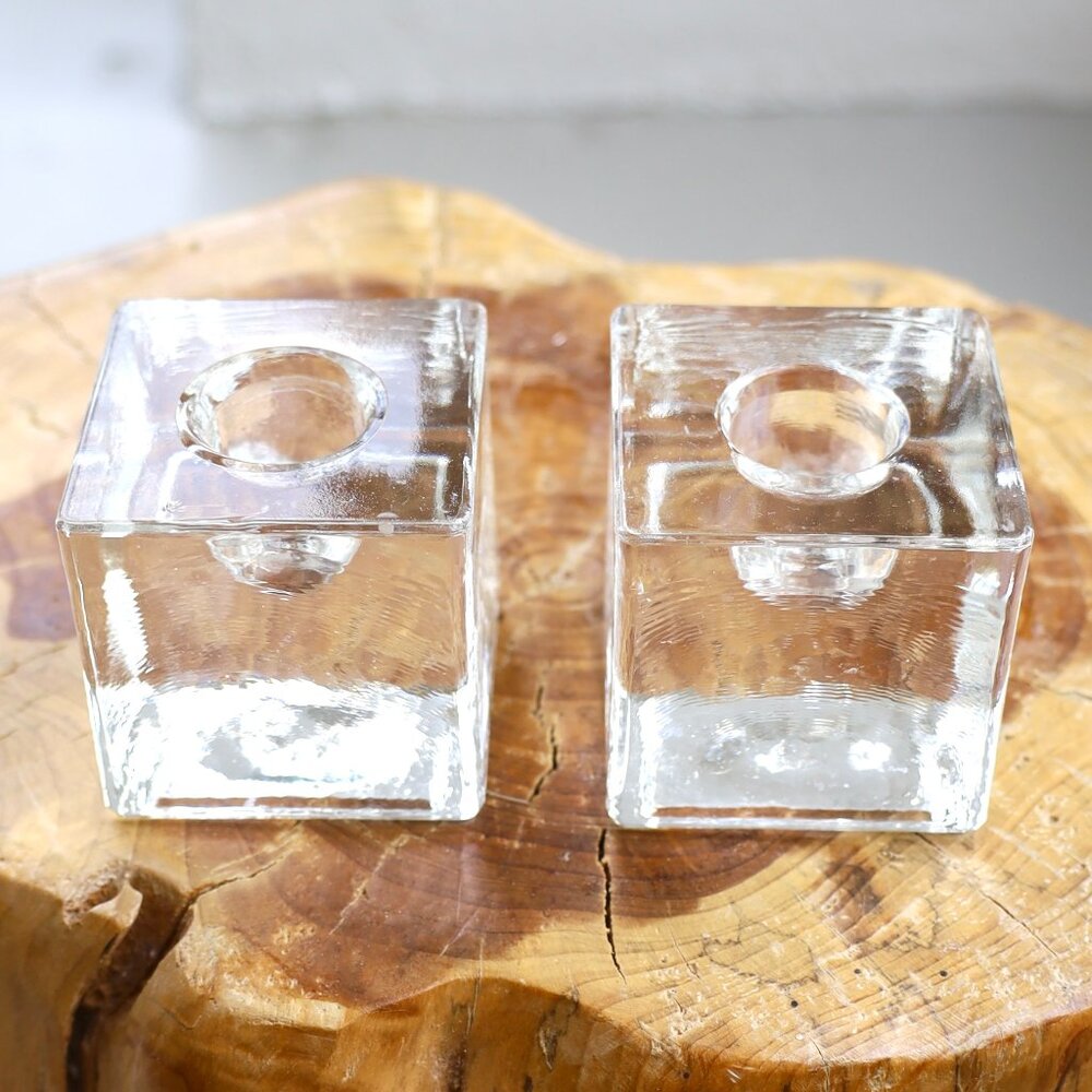 Vintage MCM Glass Cube Candleholders, Pair